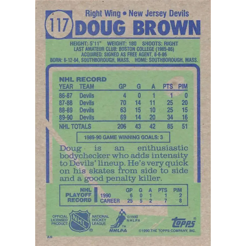 1990-91 Topps #117 Doug Brown NM-MT New Jersey Devils Hockey Card