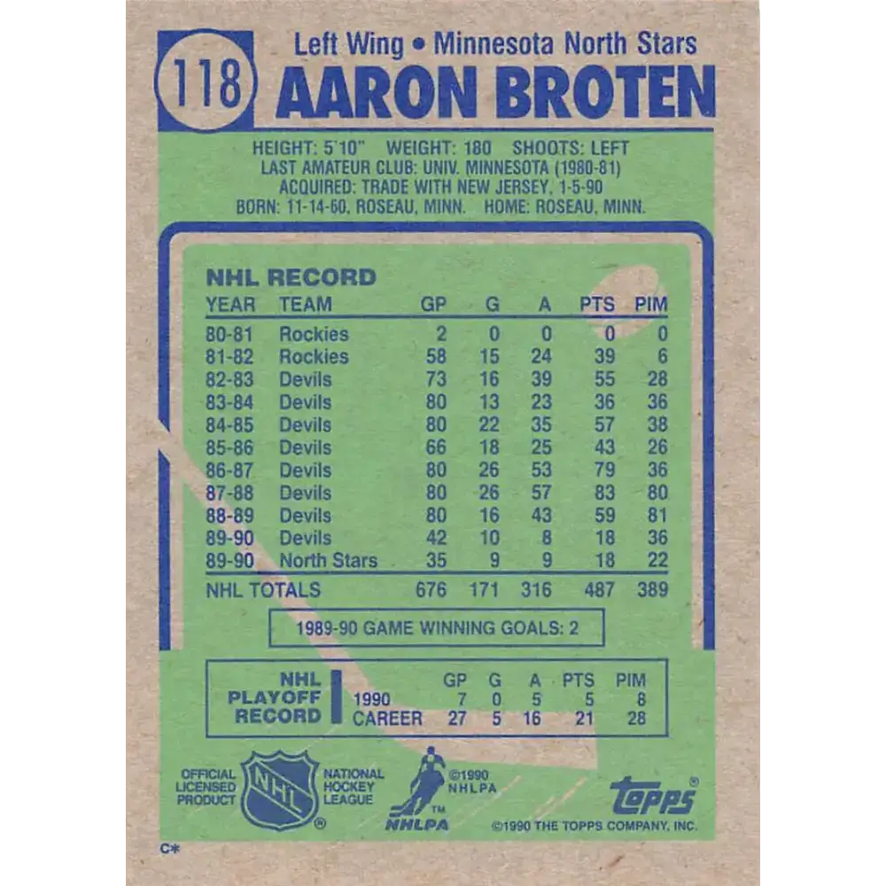 1990-91 Topps #118 Aaron Broten NM-MT Hockey Card - Hockey Card Single