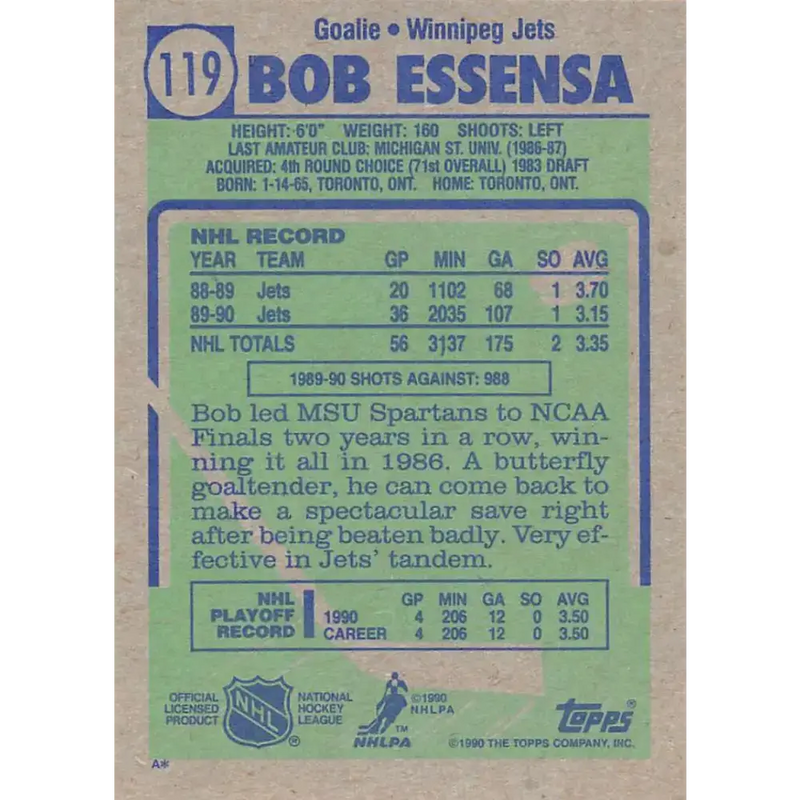 1990-91 Topps #119 Bob Essensa NM-MT RC Rookie Winnipeg Jets Hockey Card - Hockey Card Single
