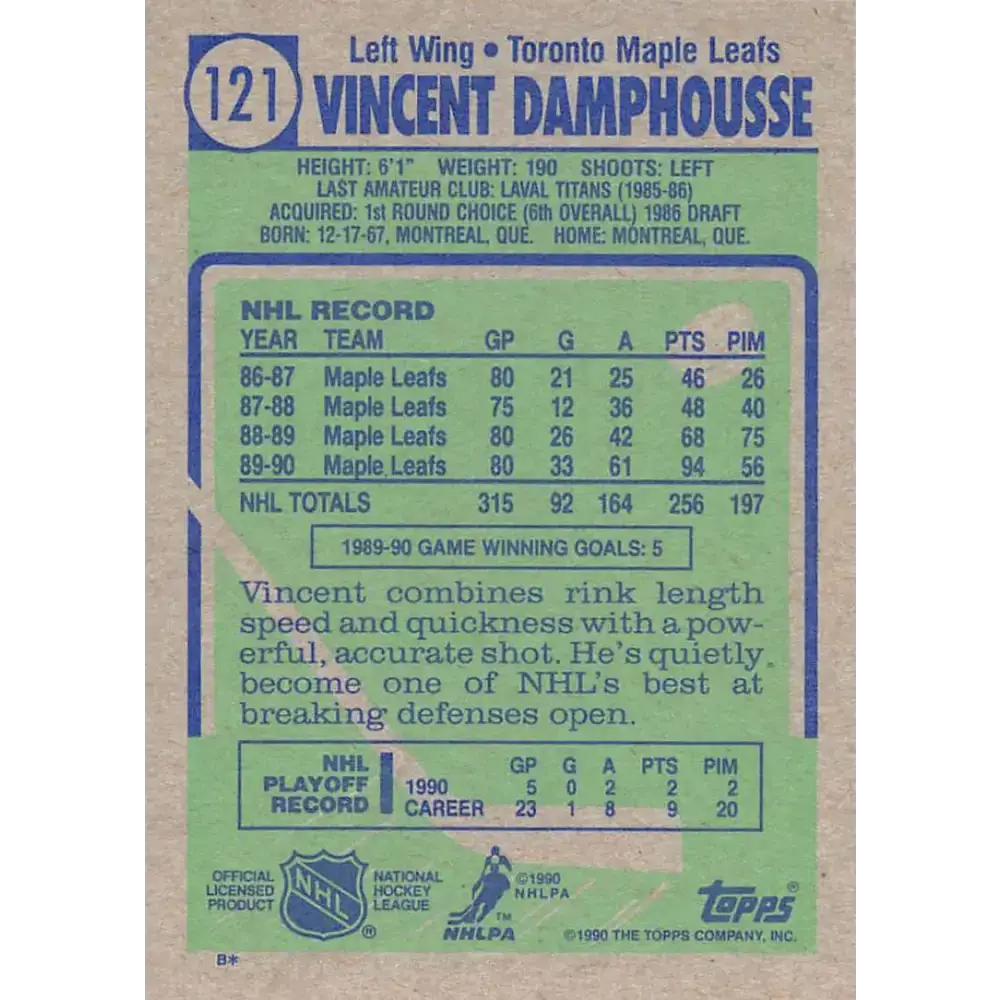 1990-91 Topps #121 Vin Damphousse NM-MT Toronto Maple Leafs Hockey Card - Hockey Card Single