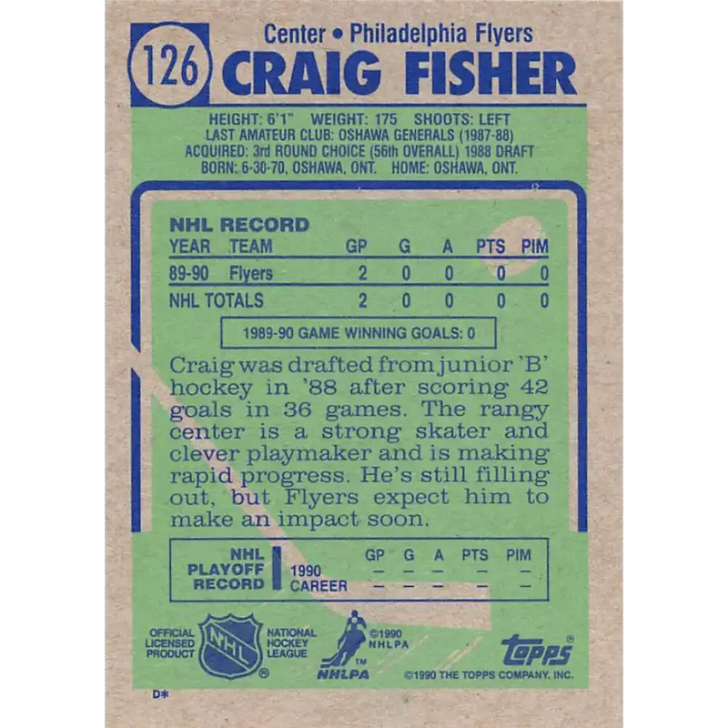 1990-91 Topps #126 Craig Fisher NM-MT Philadelphia Flyers Hockey Card - Hockey Card Single