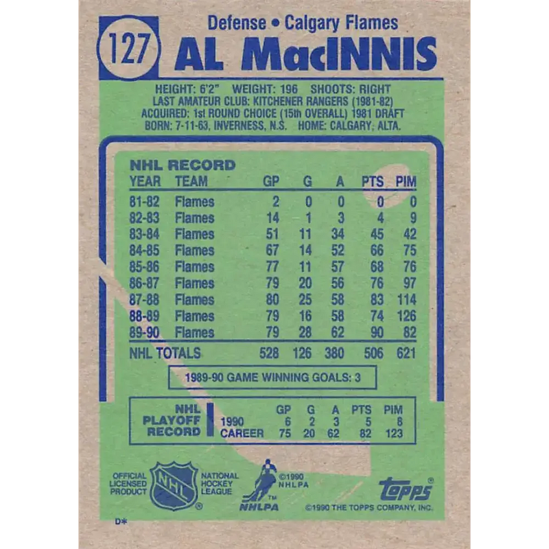 1990-91 Topps #127 Al MacInnis NM-MT Calgary Flames Hockey Card - Hockey Card Single