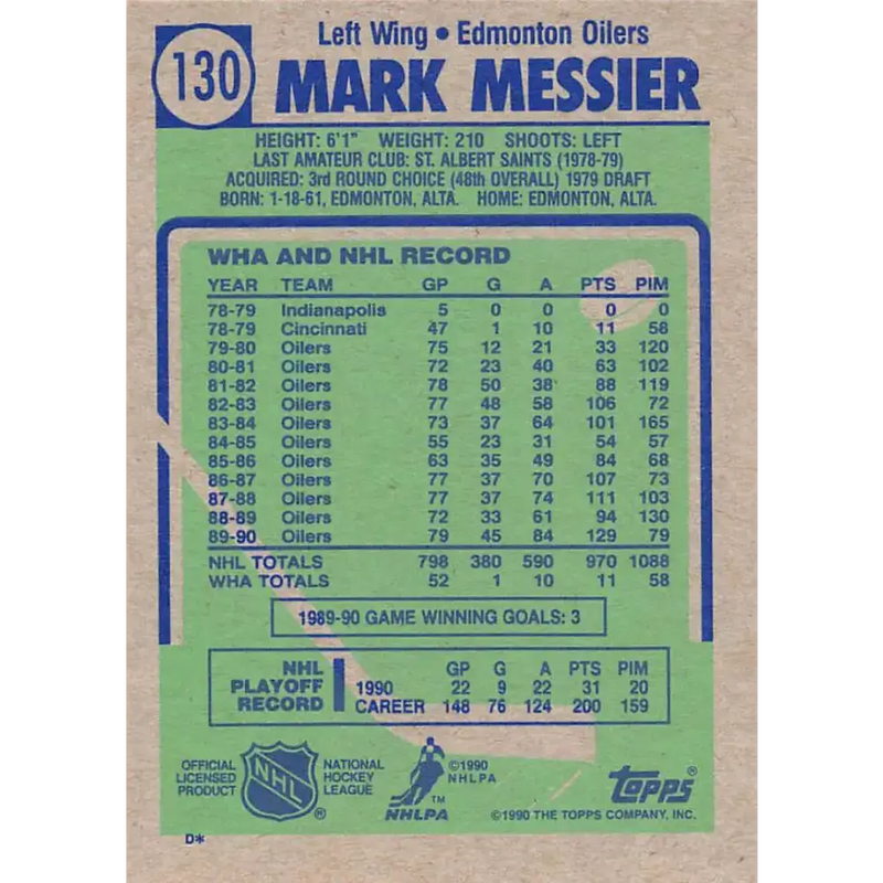 1990-91 Topps #130 Mark Messier NM-MT Edmonton Oilers Hockey Card - Hockey Card Single