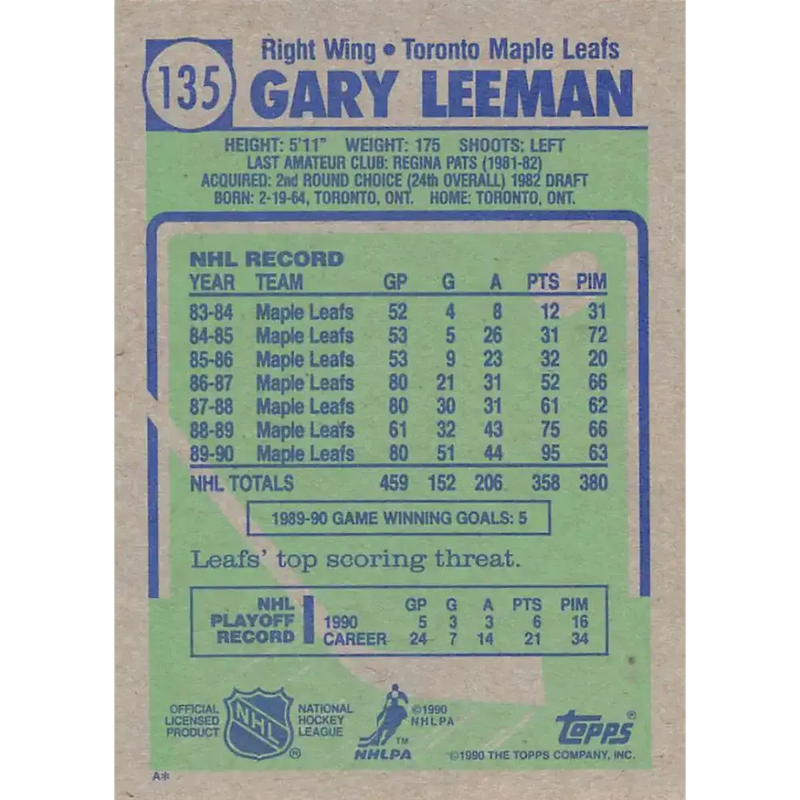 1990-91 Topps #135 Gary Leeman NM-MT Toronto Maple Leafs Hockey Card - Hockey Card Single