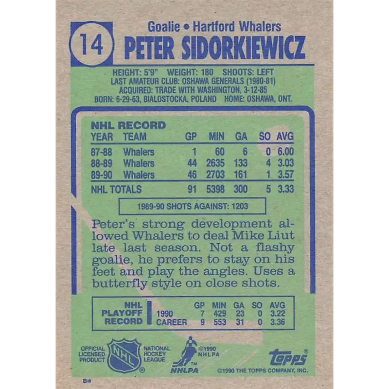 1990-91 Topps #14 Peter Sidorkiewicz NM-MT Hartford Whalers Hockey Card - Hockey Card Single