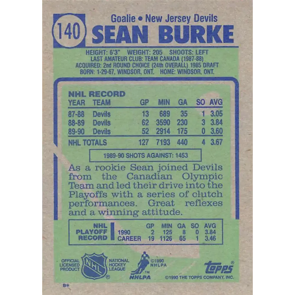 1990-91 Topps #140 Sean Burke NM-MT New Jersey Devils Hockey Card - Hockey Card Single