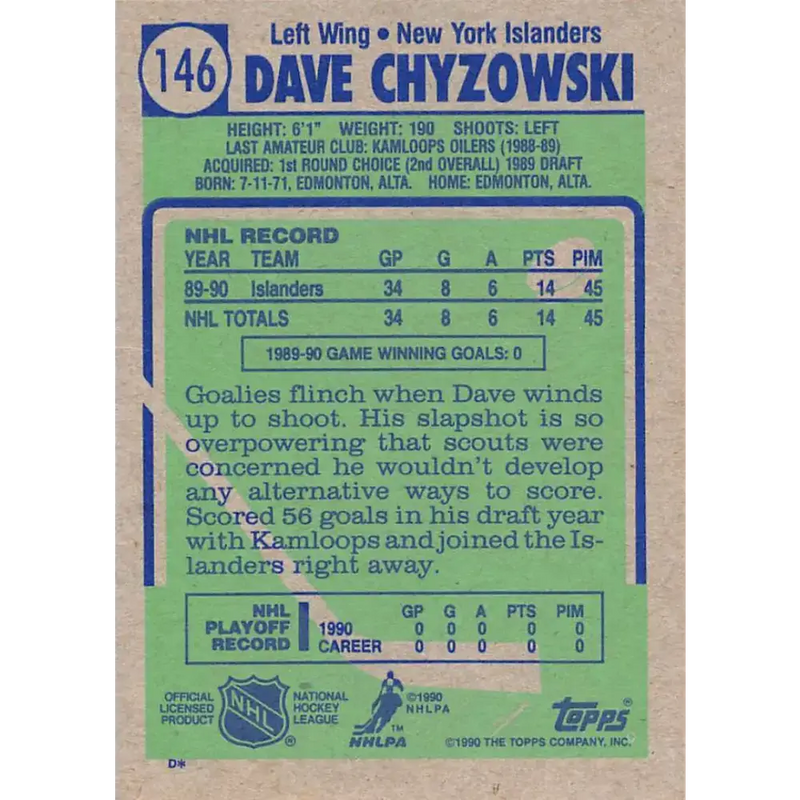 1990-91 Topps #146 Dave Chyzowski NM-MT New York Islanders Hockey Card - Hockey Card Single