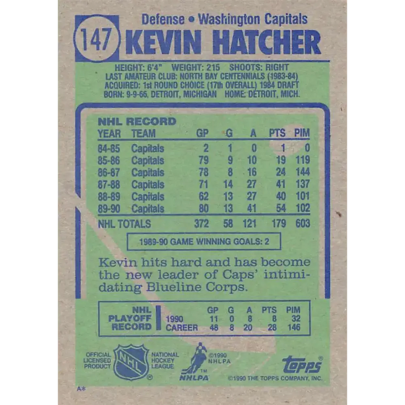 1990-91 Topps #147 Kevin Hatcher NM-MT Washington Capitals Hockey Card - Hockey Card Single