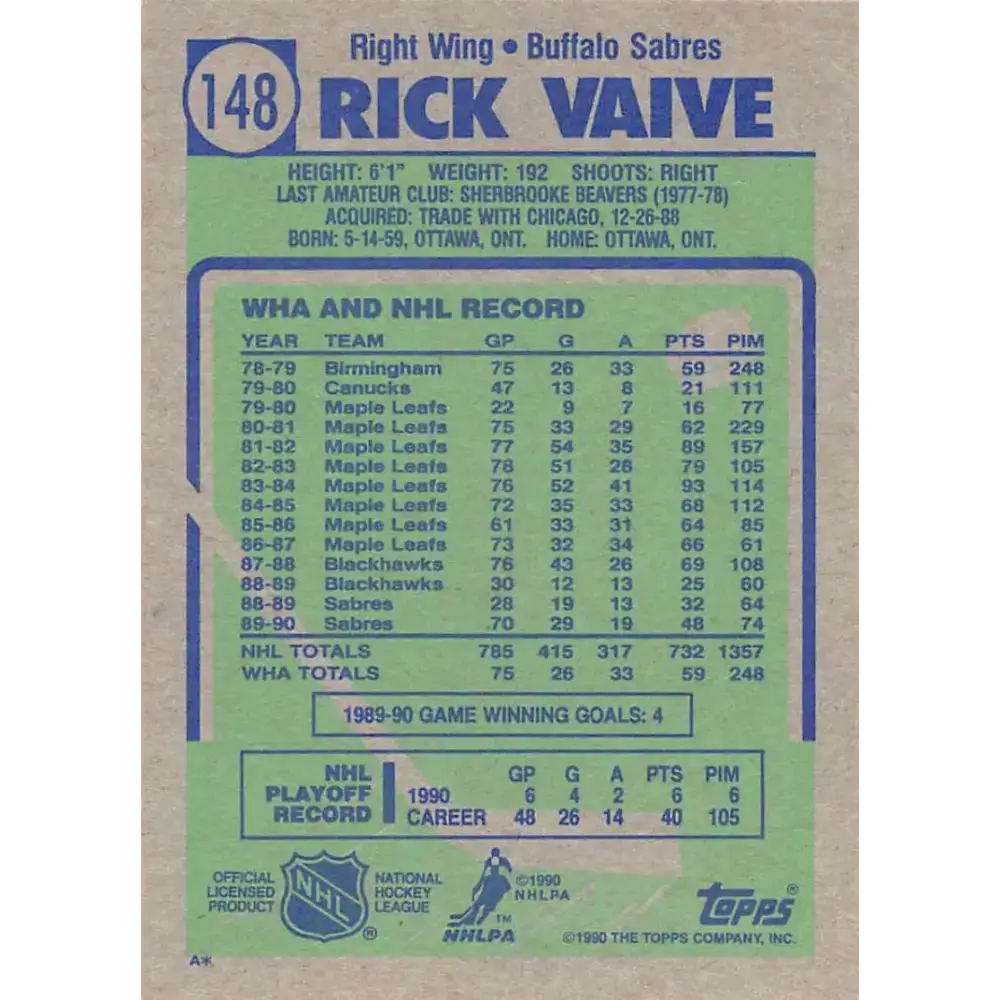 1990-91 Topps #148 Rick Vaive NM-MT Hockey Card - Hockey Card Single