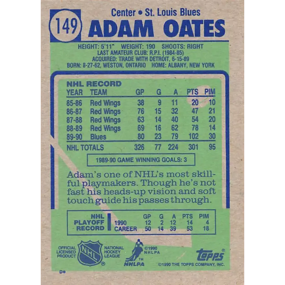 1990-91 Topps #149 Adam Oates NM-MT St. Louis Blues Hockey Card - Hockey Card Single