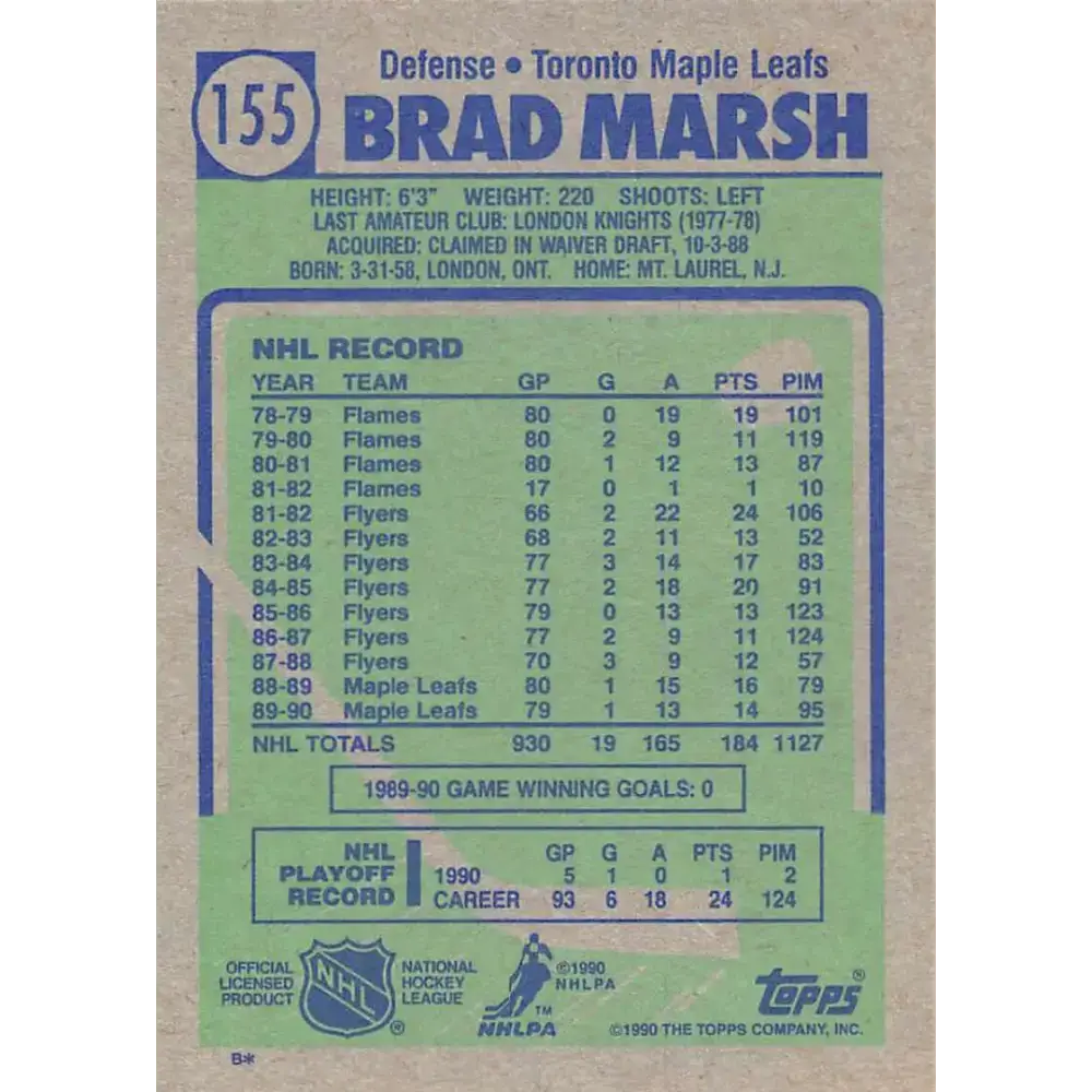 1990-91 Topps #155 Brad Marsh NM-MT Toronto Maple Leafs Hockey Card - Hockey Card Single
