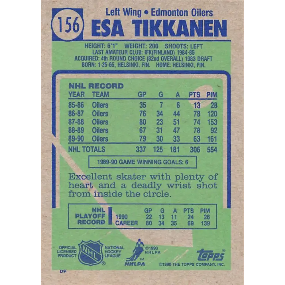 1990-91 Topps #156 Esa Tikkanen NM-MT Edmonton Oilers Hockey Card - Hockey Card Single