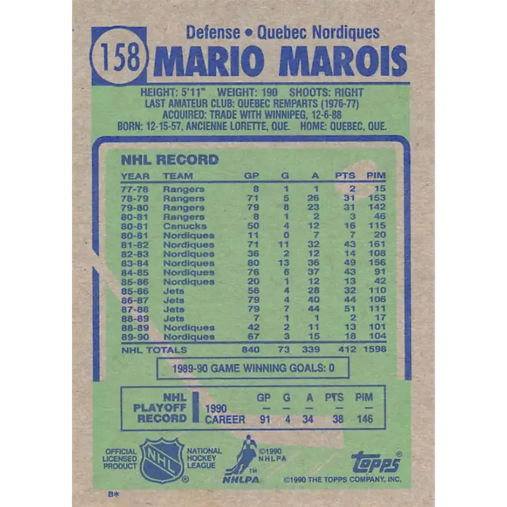 1990-91 Topps #158 Mario Marois NM-MT Hockey Card - Hockey Card Single