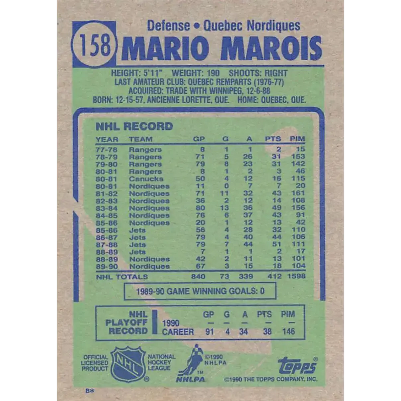 1990-91 Topps #158 Mario Marois NM-MT Hockey Card - Hockey Card Single