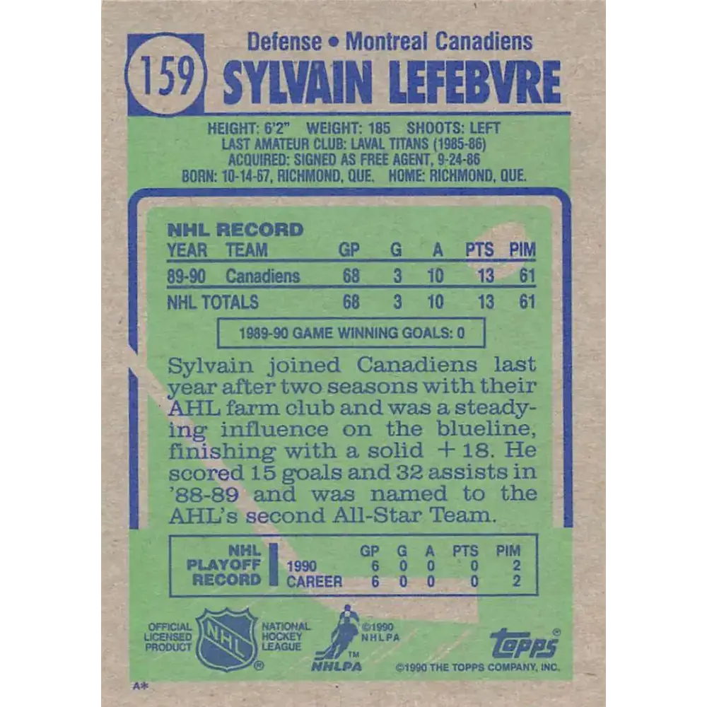 1990-91 Topps #159 Sylvain Lefebvre NM-MT Montreal Canadiens Hockey Card - Hockey Card Single