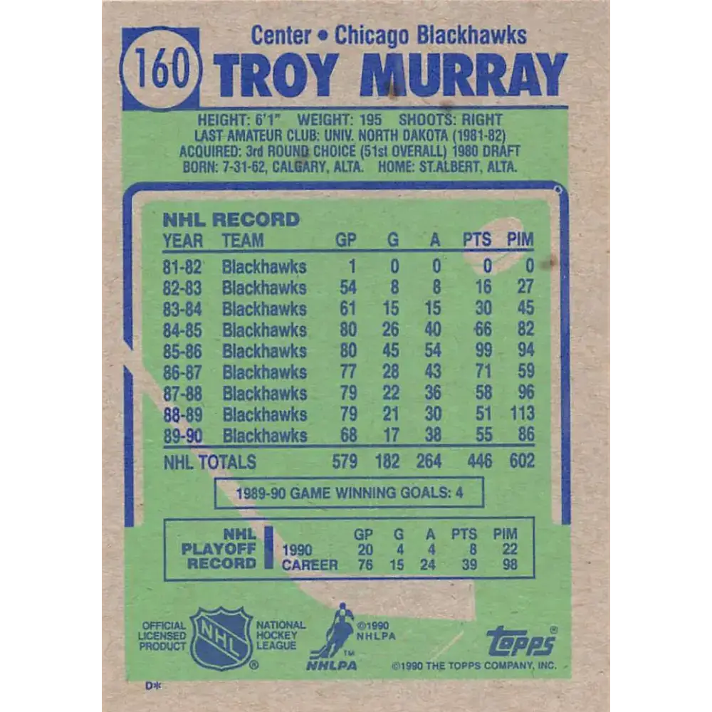1990-91 Topps #160 Troy Murray NM-MT Chicago Blackhawks Hockey Card - Hockey Card Single