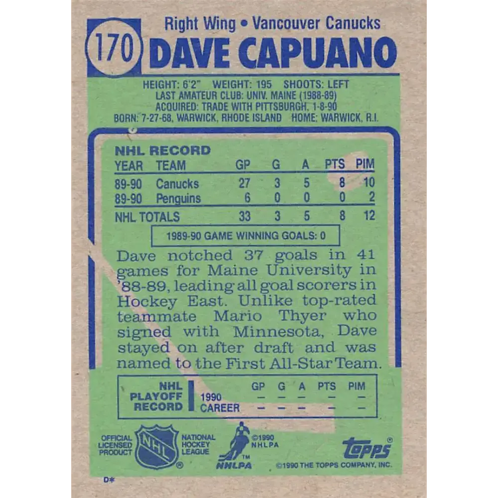 1990-91 Topps #170 Dave Capuano NM-MT Vancouver Canucks Hockey Card - Hockey Card Single