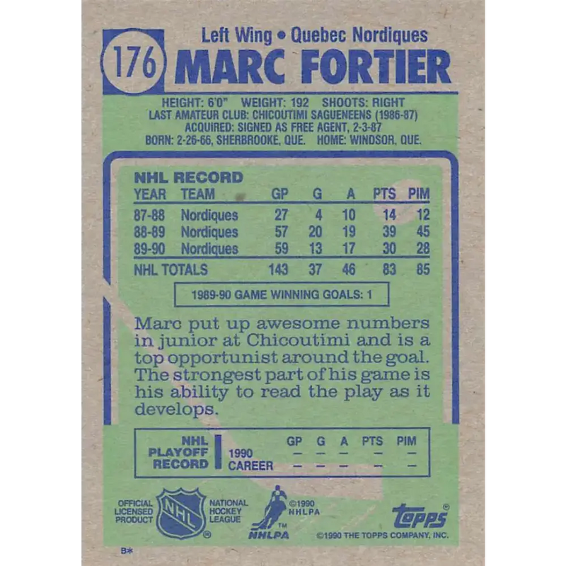 1990-91 Topps #176 Marc Fortier NM-MT Hockey Card - Hockey Card Single