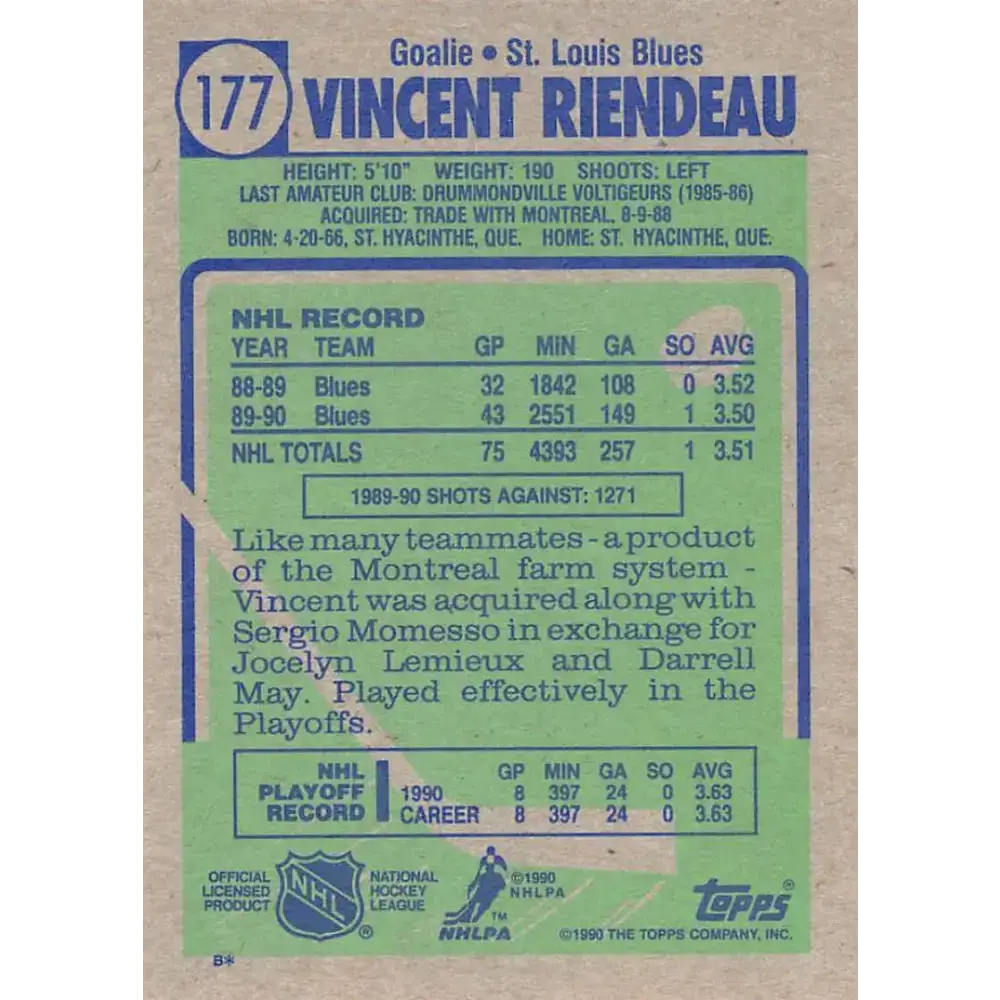 1990-91 Topps #177 Vincent Riendeau NM-MT RC Rookie St. Louis Blues Hockey Card - Hockey Card Single