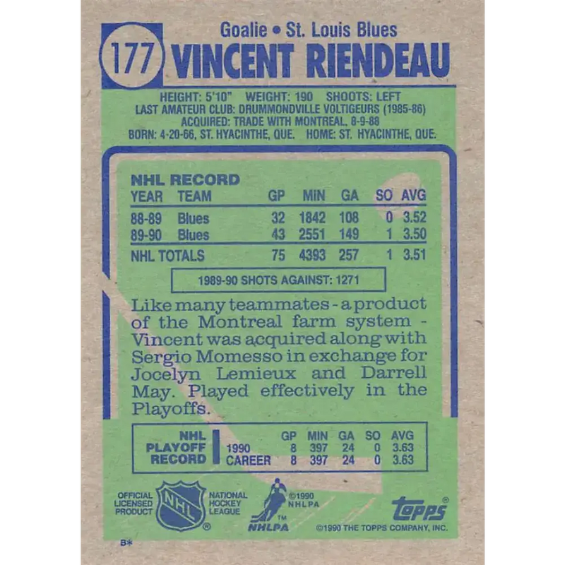 1990-91 Topps #177 Vincent Riendeau NM-MT RC Rookie St. Louis Blues Hockey Card - Hockey Card Single