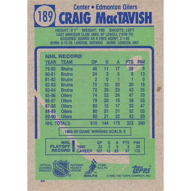 1990-91 Topps #189 Craig MacTavish NM-MT Edmonton Oilers Hockey Card