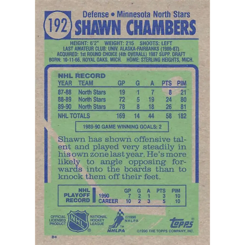 1990-91 Topps #192 Shawn Chambers NM-MT Minnesota North Stars Hockey Card - Hockey Card Single