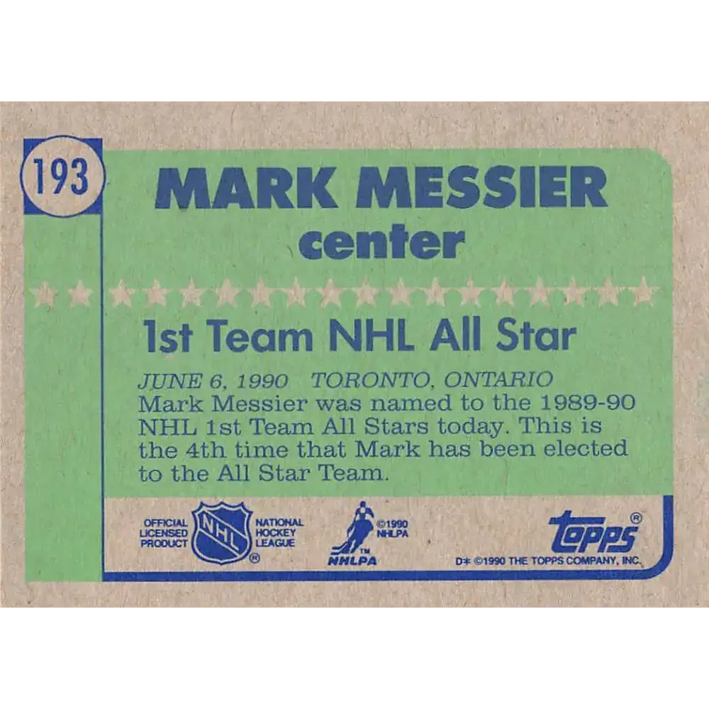 1990-91 Topps #193 Mark Messier NM-MT Edmonton Oilers Hockey Card - Hockey Card Single