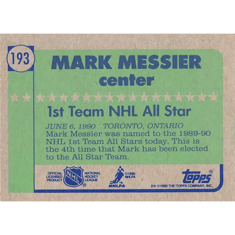 1990-91 Topps #193 Mark Messier NM-MT Edmonton Oilers Hockey Card - Hockey Card Single