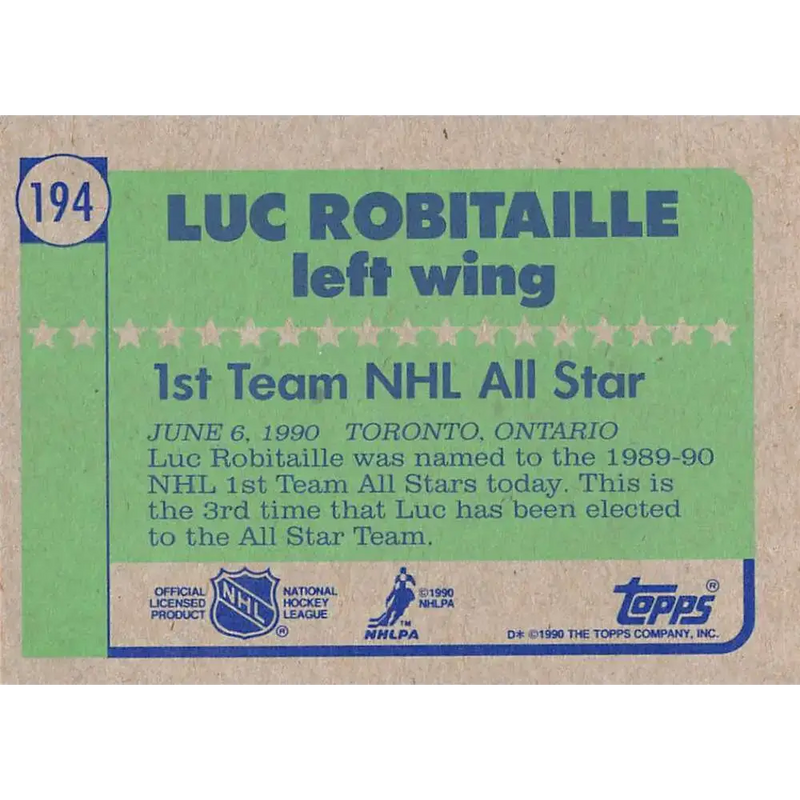 1990-91 Topps #194 Luc Robitaille NM-MT Los Angeles Kings Hockey Card - Hockey Card Single