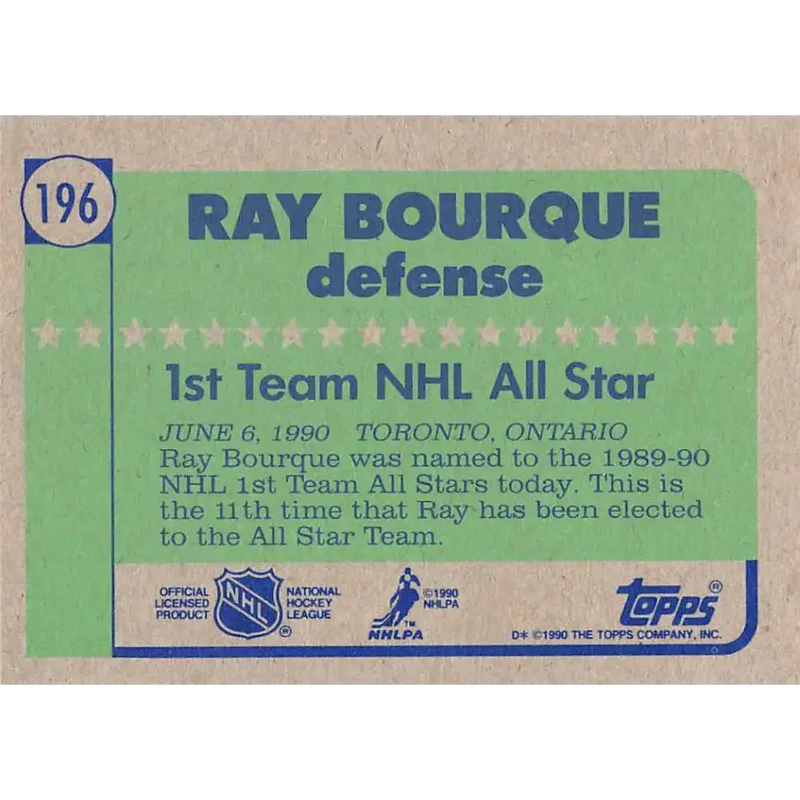 1990-91 Topps #196 Ray Bourque NM-MT Hockey Card - Hockey Card Single