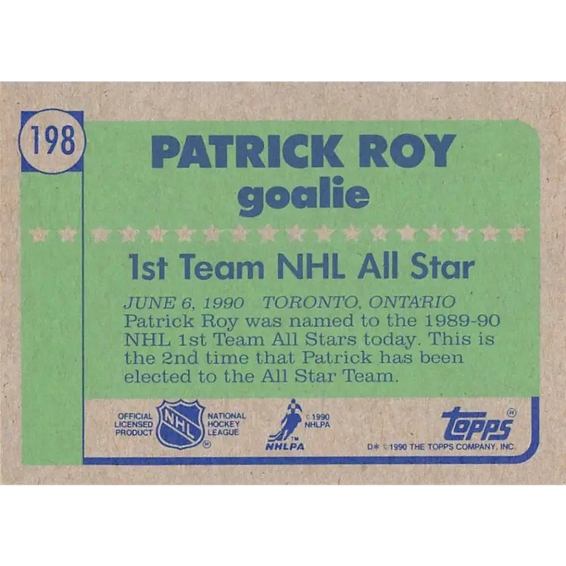 1990-91 Topps #198 Patrick Roy NM-MT Montreal Canadiens Hockey Card - Hockey Card Single
