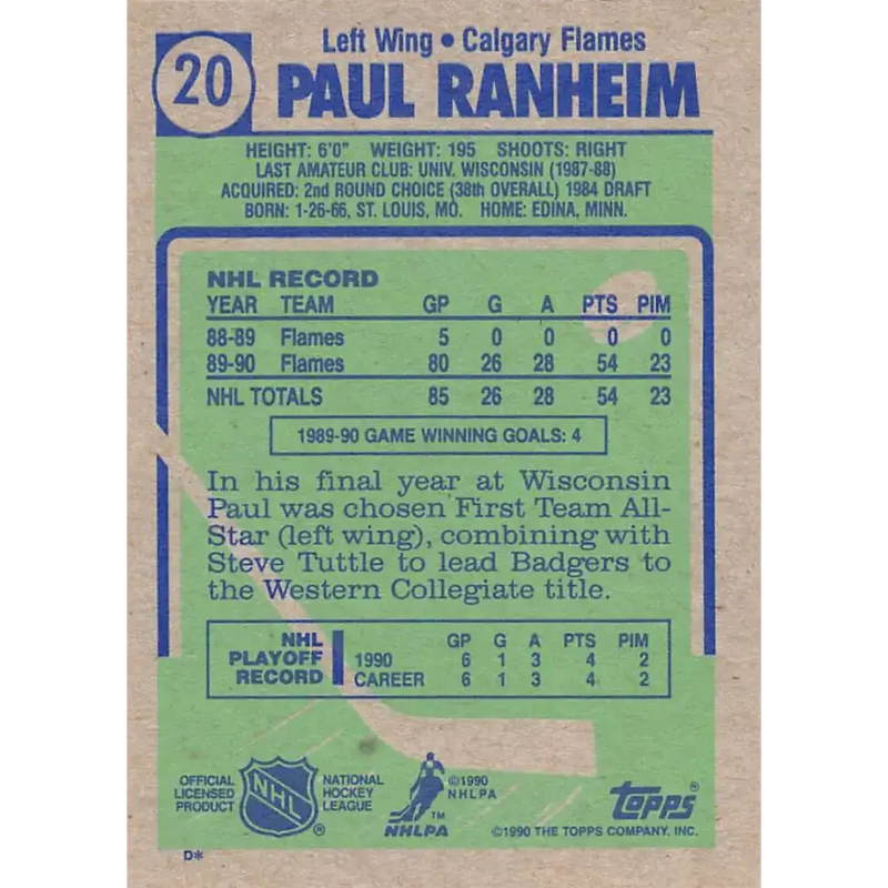 1990-91 Topps #20 Paul Ranheim NM-MT RC Rookie Calgary Flames Hockey Card - Hockey Card Single