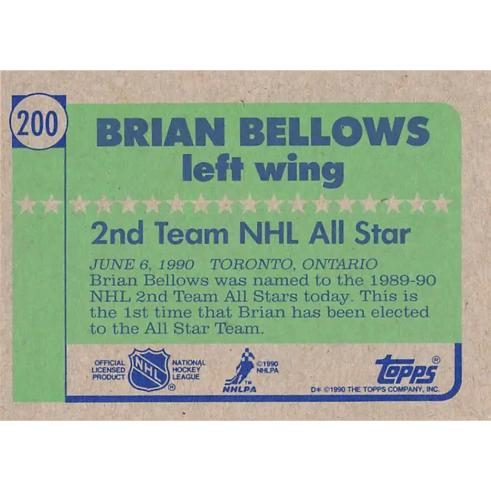 1990-91 Topps #200 Brian Bellows NM-MT Minnesota North Stars Hockey Card - Hockey Card Single