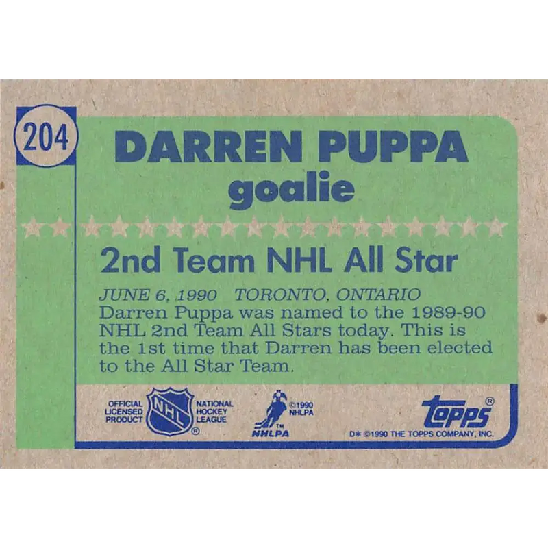 1990-91 Topps #204 Daren Puppa NM-MT Buffalo Sabres Hockey Card - Hockey Card Single