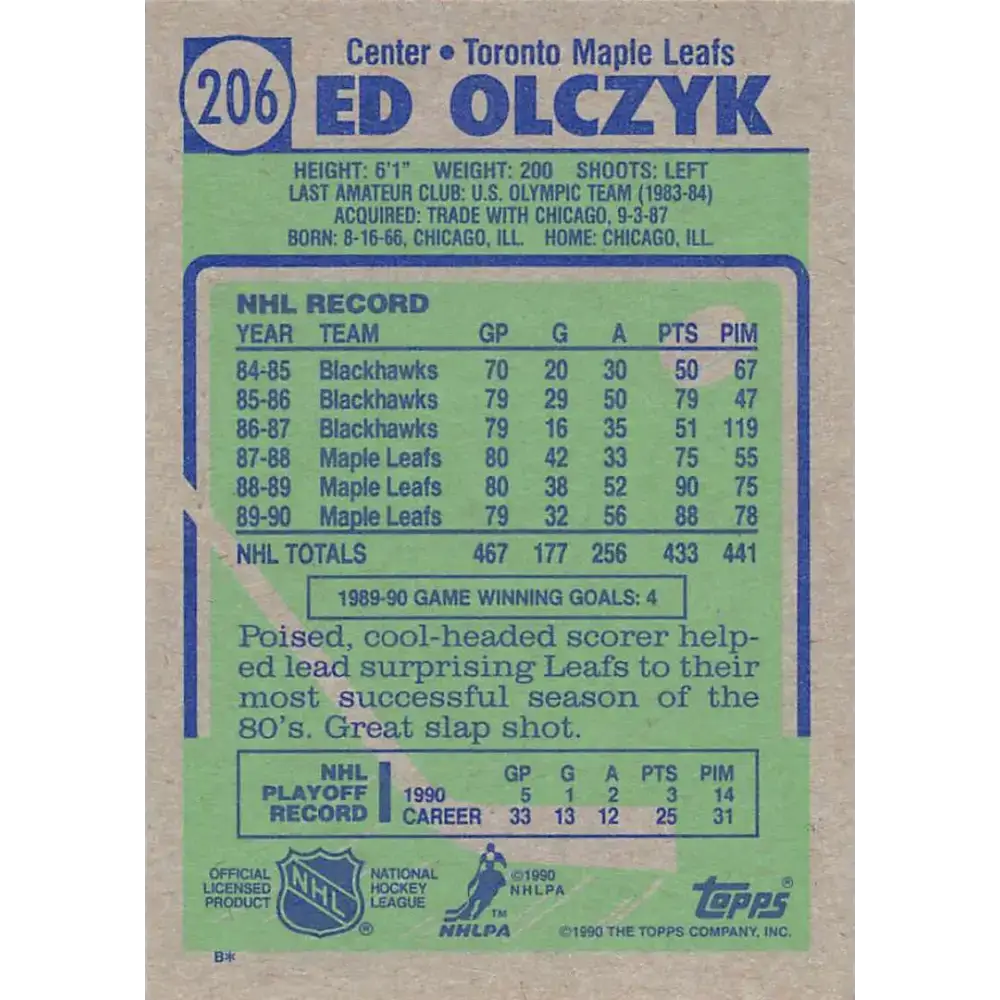 1990-91 Topps #206 Ed Olczyk NM-MT Hockey Card - Hockey Card Single