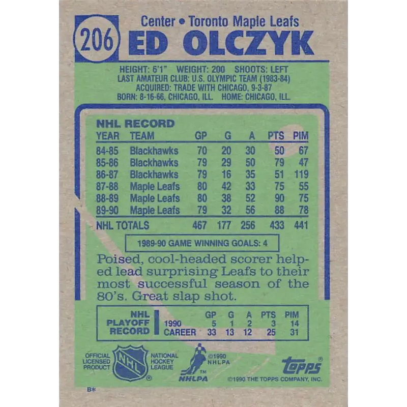 1990-91 Topps #206 Ed Olczyk NM-MT Hockey Card - Hockey Card Single