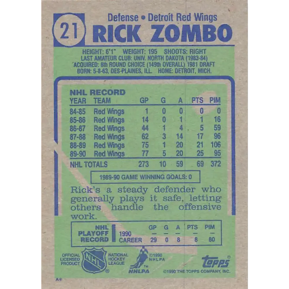 1990-91 Topps #21 Rick Zombo NM-MT Hockey Card - Hockey Card Single