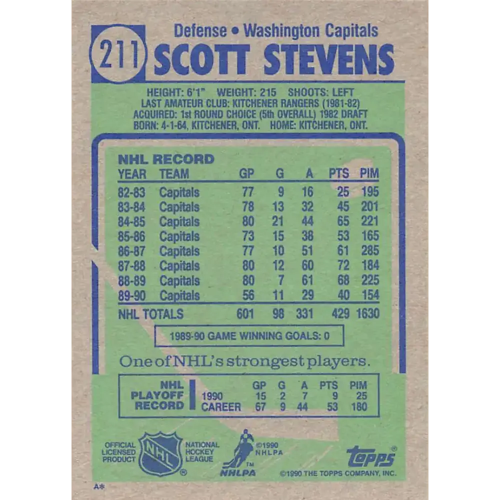 1990-91 Topps #211 Scott Stevens NM-MT Hockey Card - Hockey Card Single