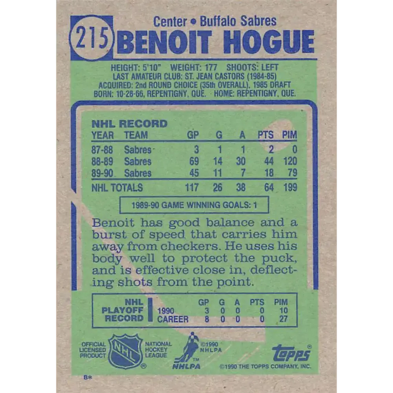 1990-91 Topps #215 Benoit Hogue NM-MT Buffalo Sabres Hockey Card - Hockey Card Single