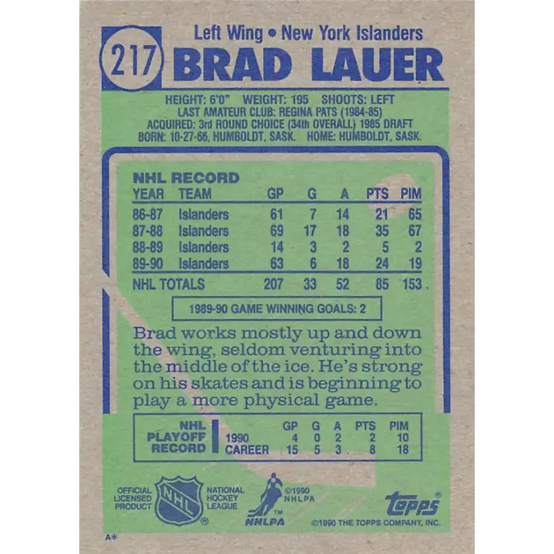 1990-91 Topps #217 Brad Lauer NM-MT New York Islanders Hockey Card - Hockey Card Single