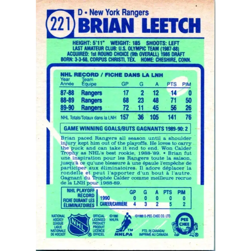 1990-91 Topps #221 Brian Leetch NM-MT New York Rangers Hockey Card