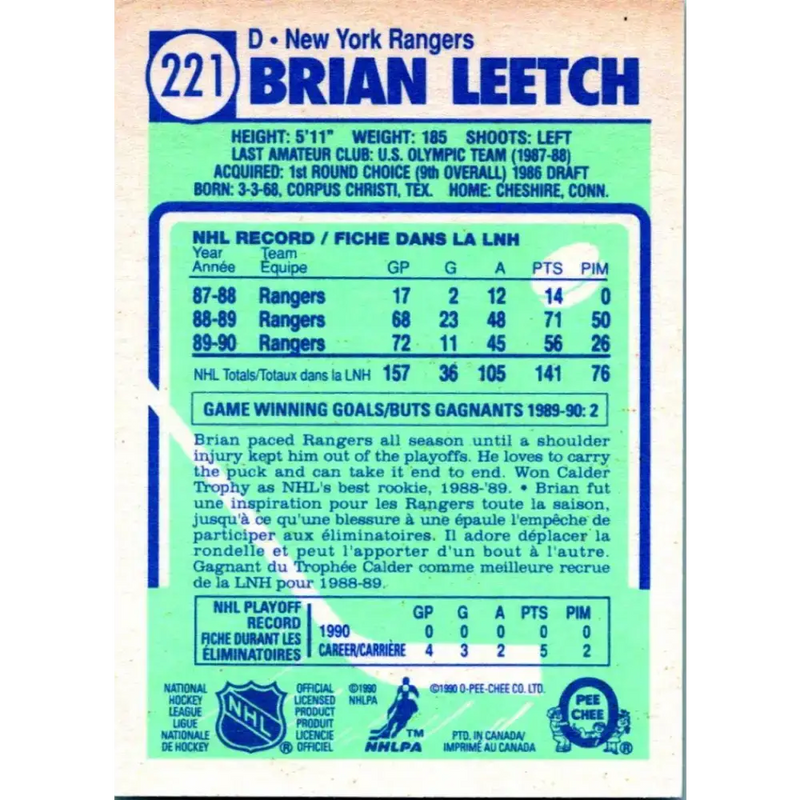 1990-91 Topps #221 Brian Leetch NM-MT New York Rangers Hockey Card