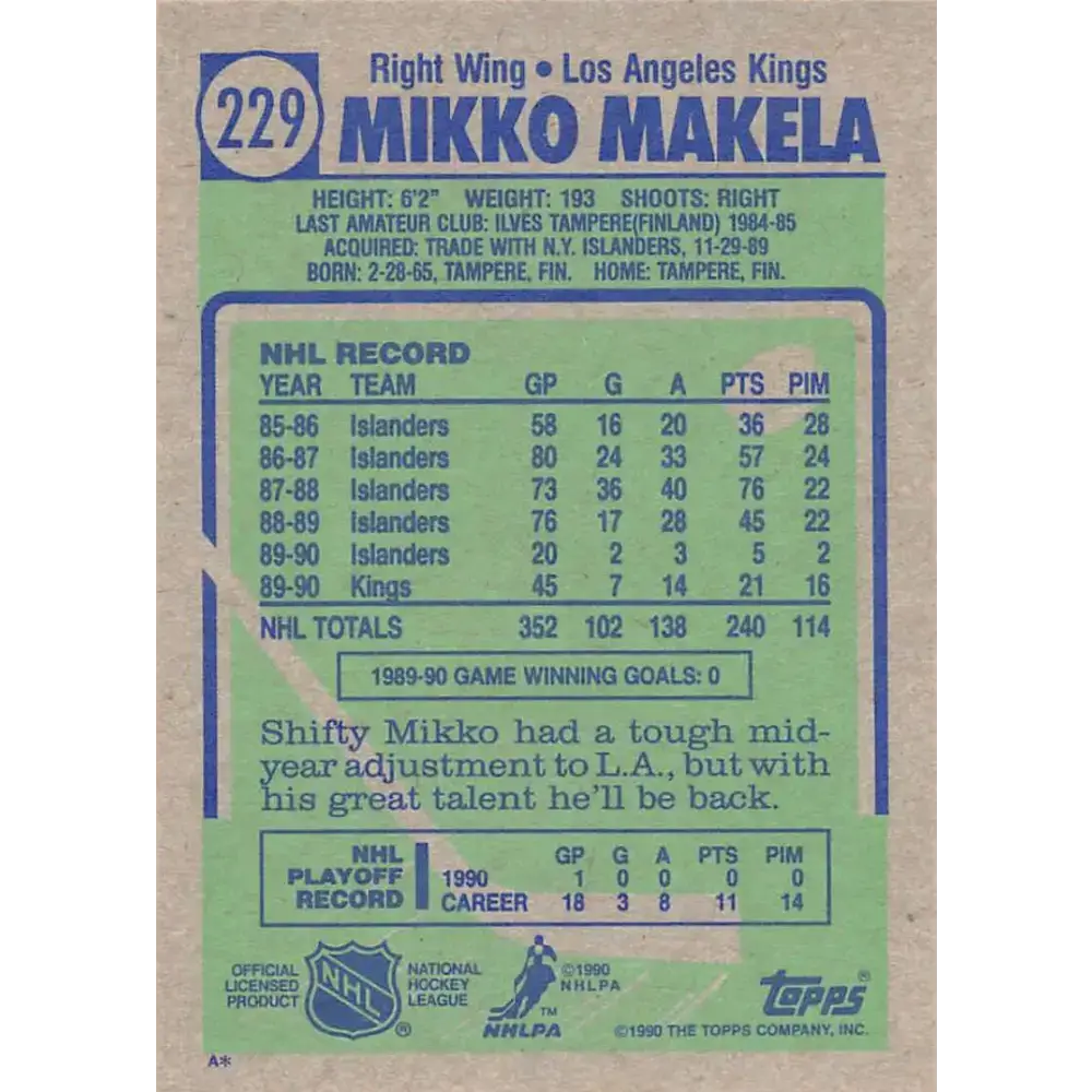 1990-91 Topps #229 Mikko Makela NM-MT Hockey Card - Hockey Card Single