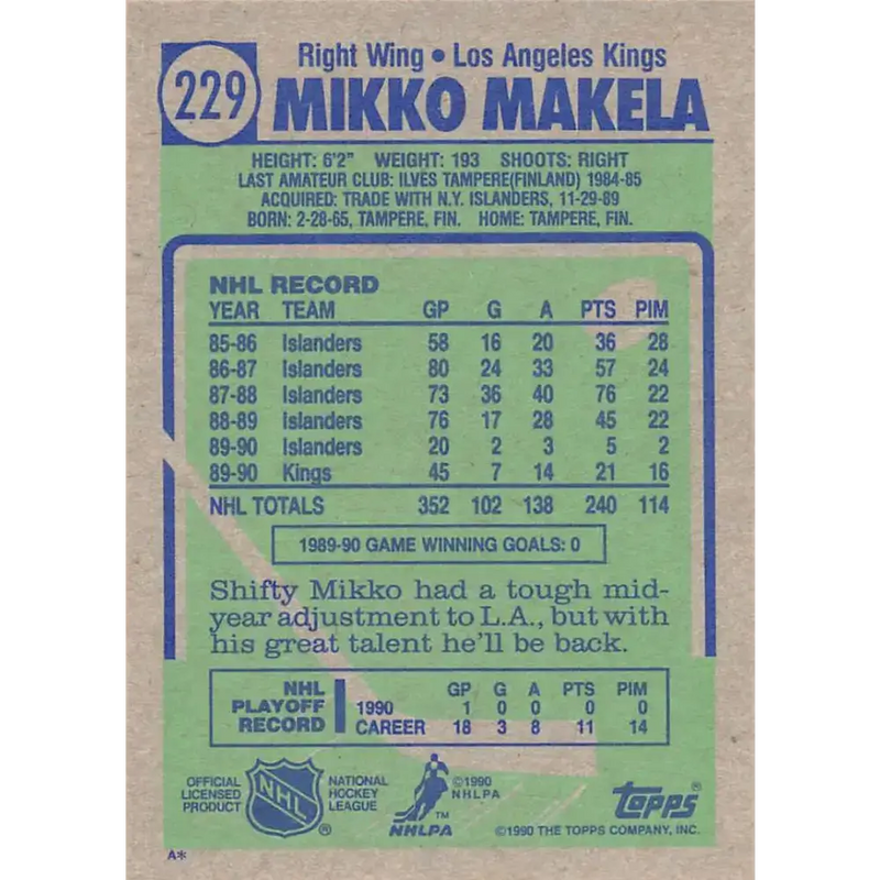1990-91 Topps #229 Mikko Makela NM-MT Hockey Card - Hockey Card Single