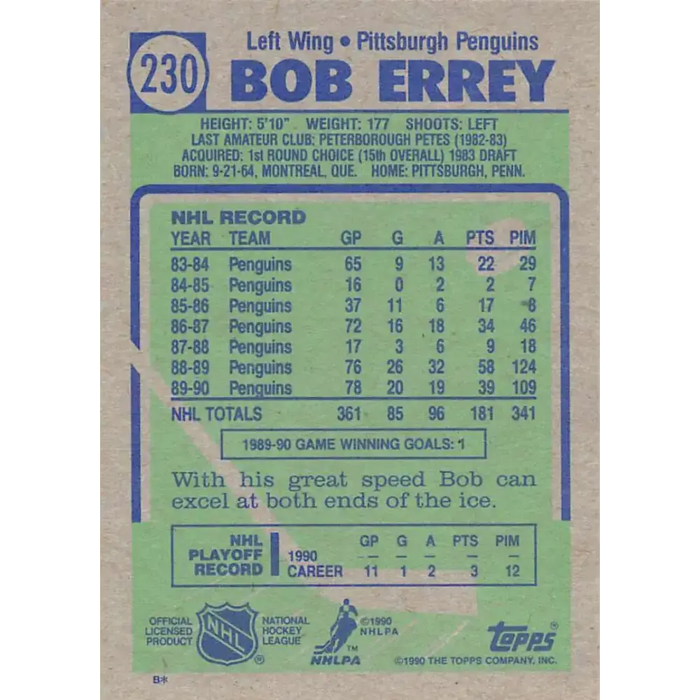 1990-91 Topps #230 Bob Errey NM-MT Pittsburgh Penguins Hockey Card - Hockey Card Single