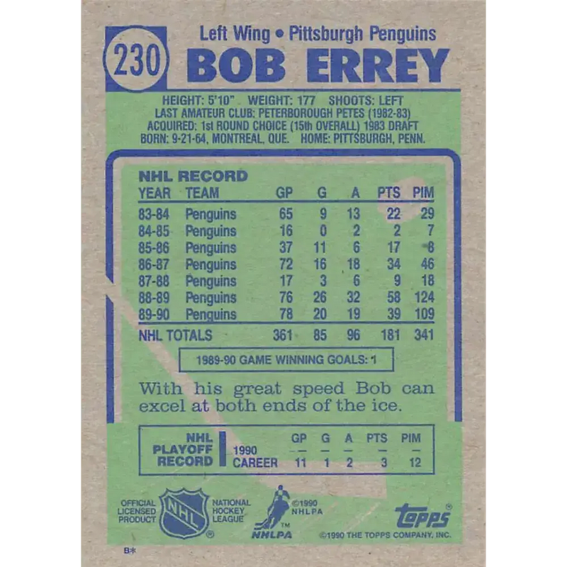1990-91 Topps #230 Bob Errey NM-MT Pittsburgh Penguins Hockey Card - Hockey Card Single