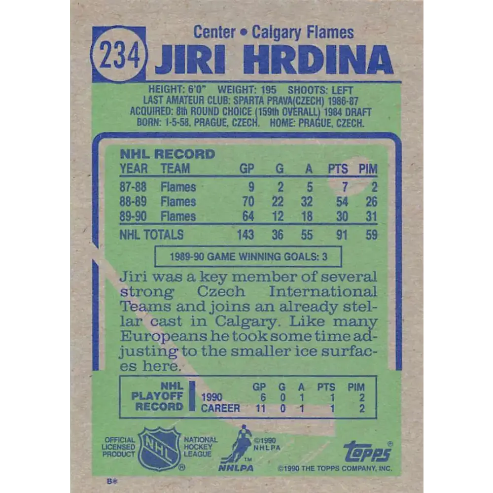 1990-91 Topps #234 Jiri Hrdina NM-MT Calgary Flames Hockey Card - Hockey Card Single