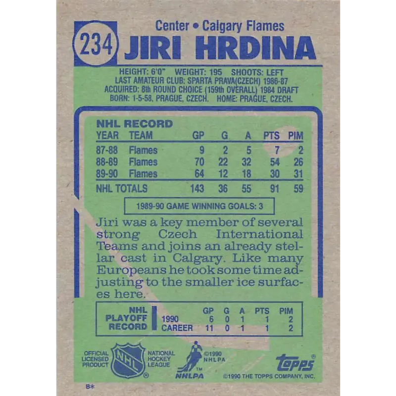 1990-91 Topps #234 Jiri Hrdina NM-MT Calgary Flames Hockey Card - Hockey Card Single