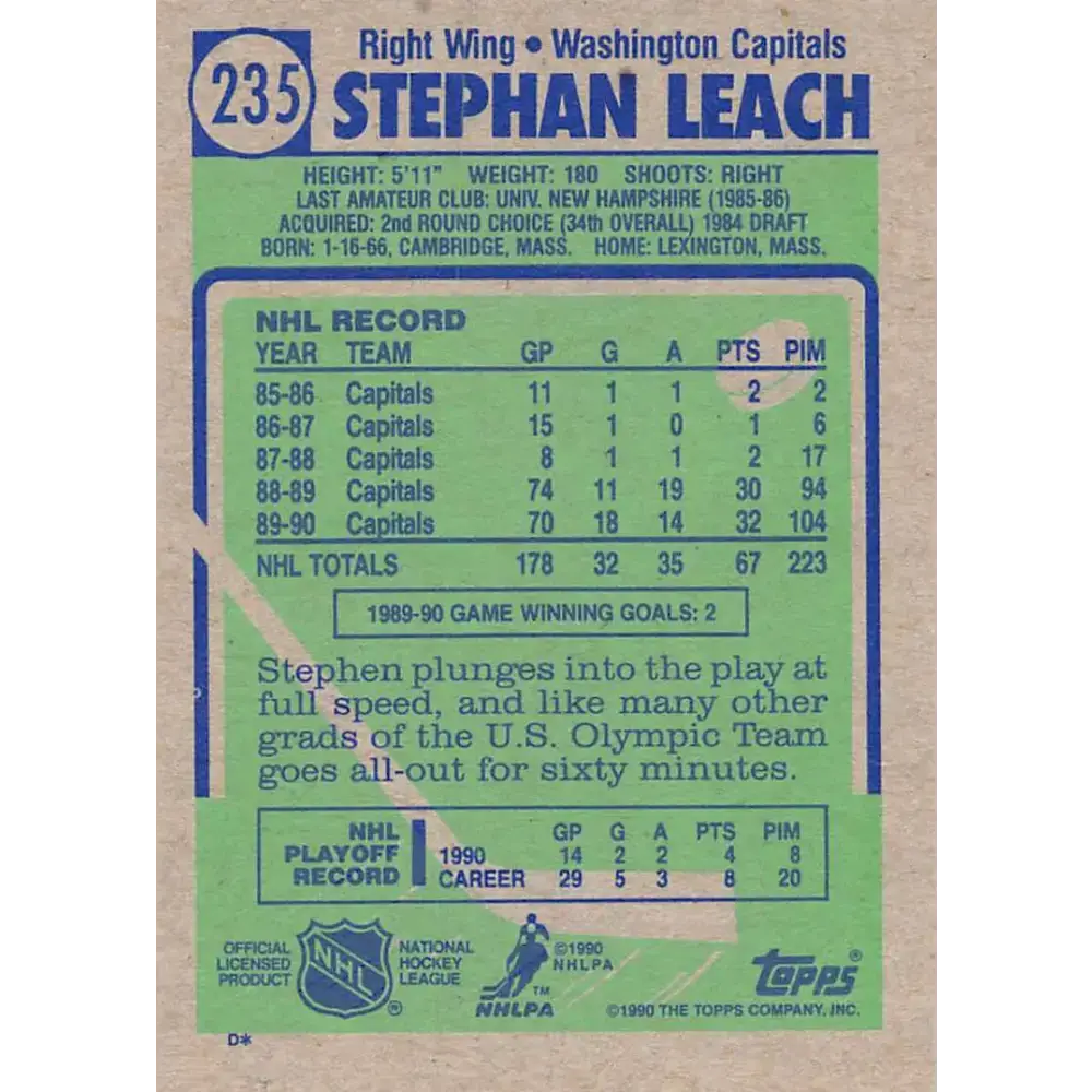 1990-91 Topps #235 Stephen Leach NM-MT Washington Capitals Hockey Card - Hockey Card Single