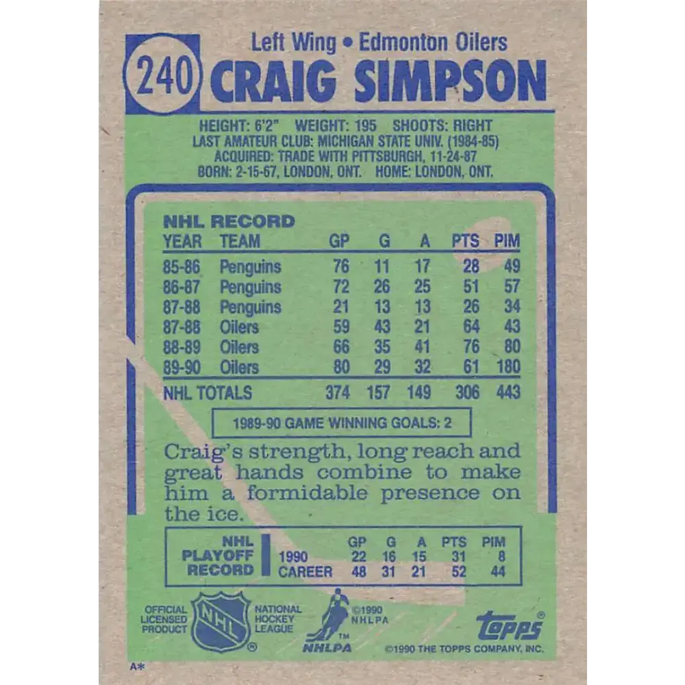 1990-91 Topps #240 Craig Simpson NM-MT Edmonton Oilers Hockey Card - Hockey Card Single